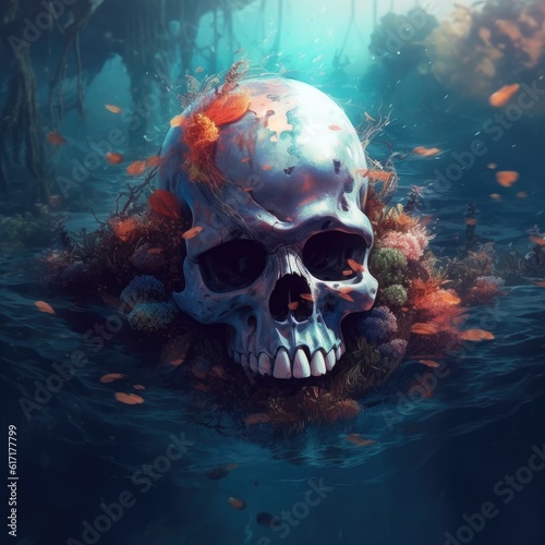 Skull in the ocean with many coral and other fish