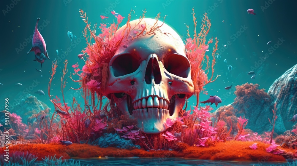Skull and fish surrounded by water and plant Skull and fish surrounded by water and plant