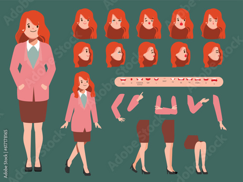 Young business woman character for animated, Creation people with emotions face animation mouth. Flat vector design.