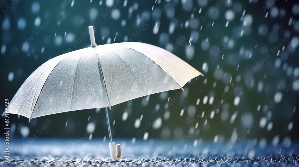 Umbrella under rain against water drops splash background. Rainy weather concept, generative ai