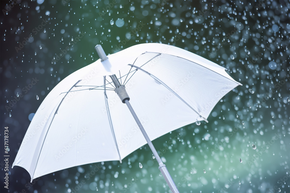 Umbrella under rain against water drops splash background. Rainy weather concept, generative ai