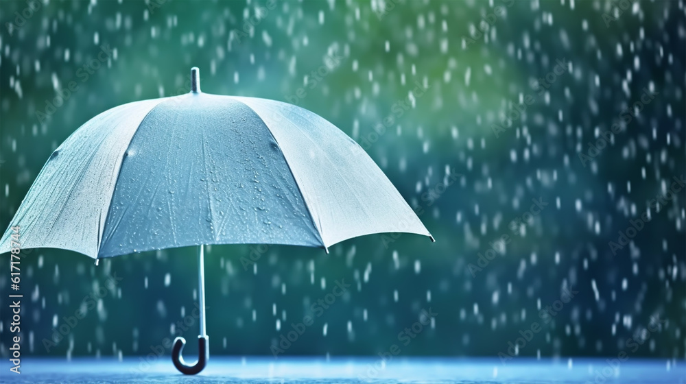 Umbrella under rain against water drops splash background. Rainy weather concept, generative ai