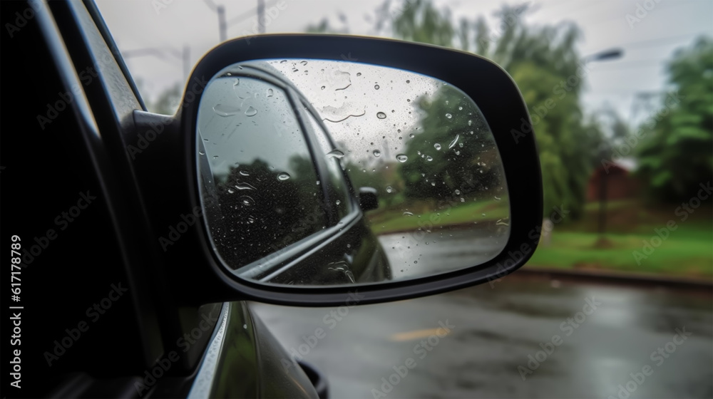 car mirror in rain view from window, generative ai