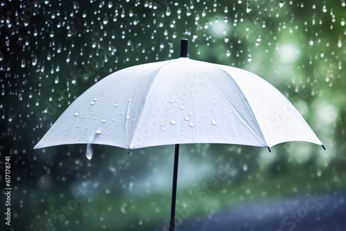 Umbrella under rain against water drops splash background. Rainy weather concept  generative ai