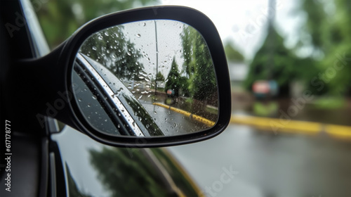 car mirror in rain view from window, generative ai