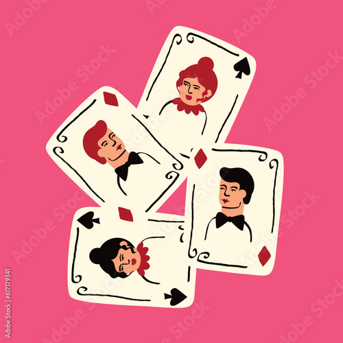 Playing cards with Jack and Queen of Spades. illustration in modern trendy style