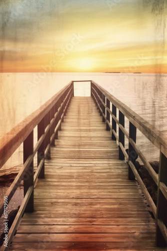 The small wooden bridge over the beach in a sunset, in the style of layered imagery with subtle irony. AI generative