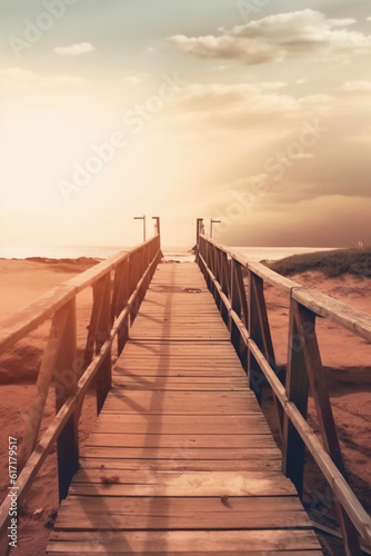 The small wooden bridge over the beach in a sunset  in the style of layered imagery with subtle irony. AI generative