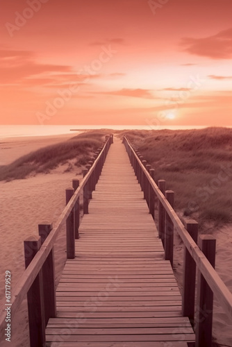 The small wooden bridge over the beach in a sunset, in the style of layered imagery with subtle irony. AI generative © SANGHYUN