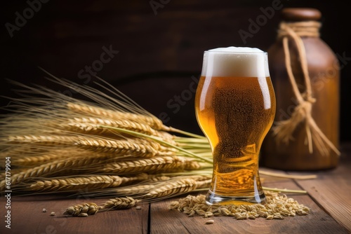 Mug of beer with wheat, barley and barrels on background. Still life. Copy space. Ai generated. Generative AI