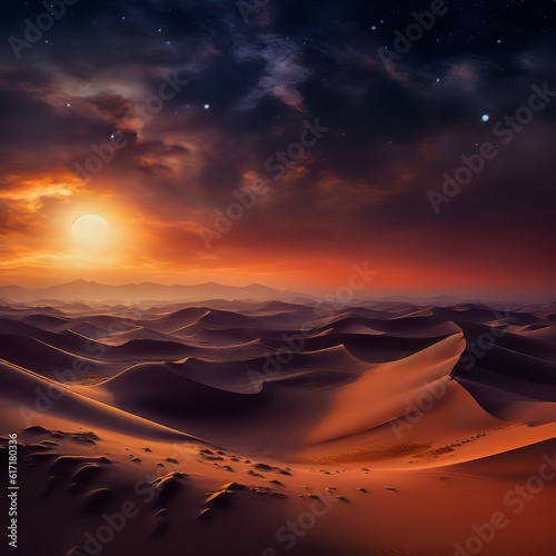 Abstract and futuristic space idea. Virtual digital space. Sand dunes of an unusual planet. Galactic space. Contrasts and textures.Blue purple sky with clouds, stars and sun. Science fiction, mystery.