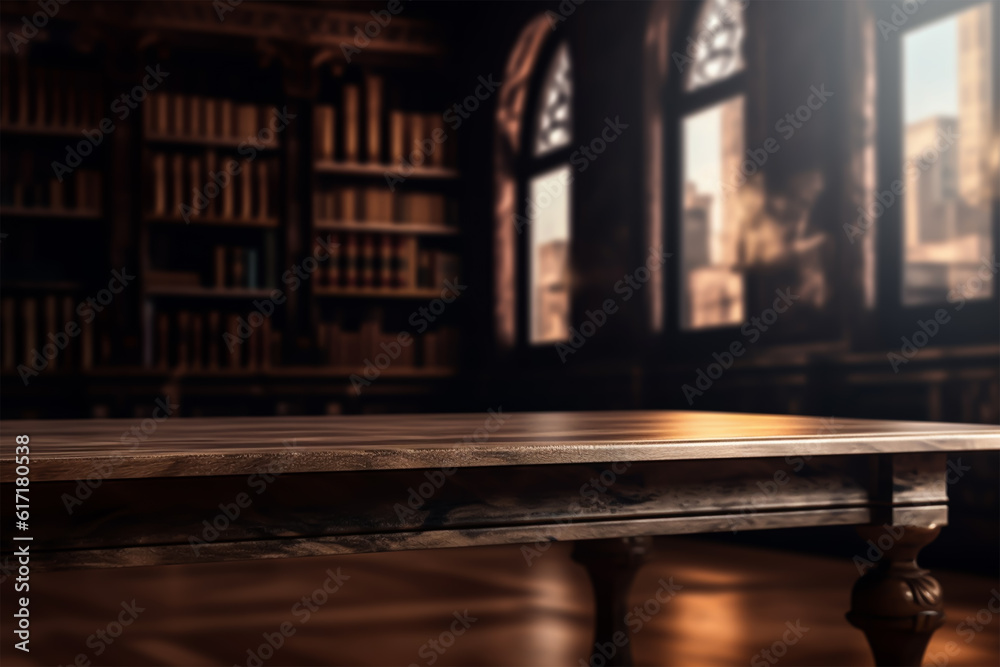Dark empty wooden table and blurred dark library in background with copy space, lawyer theme, national book lover day, generative ai