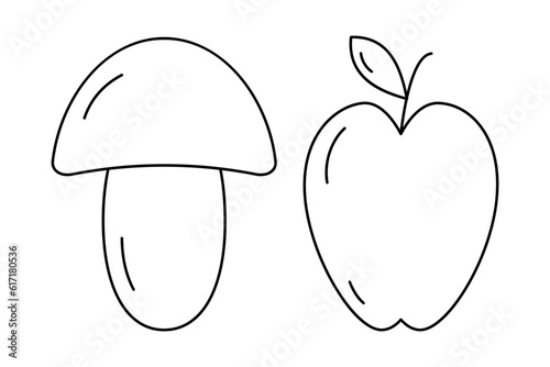 Set of 2 contour drawing seasonal fruit Mushroom and apple with leave. Thanksgiving day. Vector. EPS