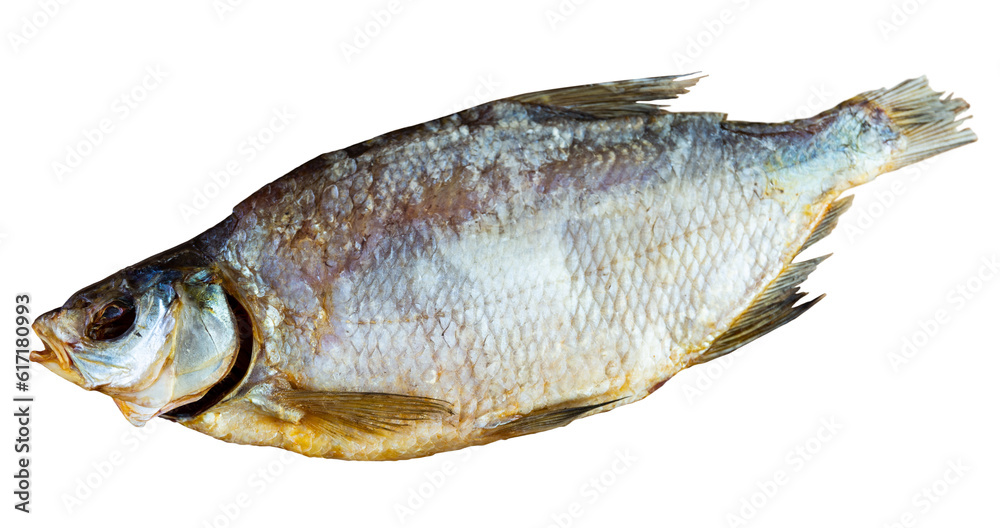 Delicious salted and dried bream laid out nicely as beer snack. Isolated over white background