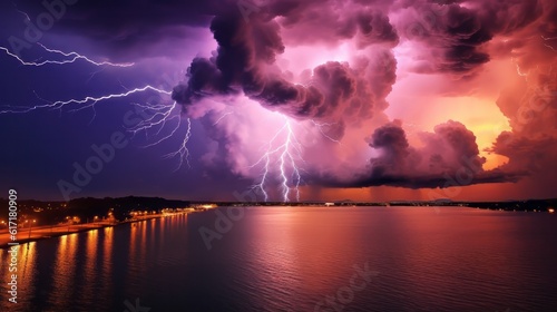 Intense thunderstorm strikes land with lightning bolt