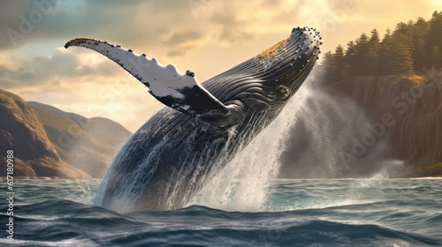 Humpback whale jumping out of the water. The whale is sprayed with water and ready to fall on its back. Generative AI