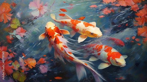Koi fish swim artificial ponds with a beautiful background of plants. Generative AI
