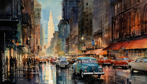 New York City with 1950s cars watercolor