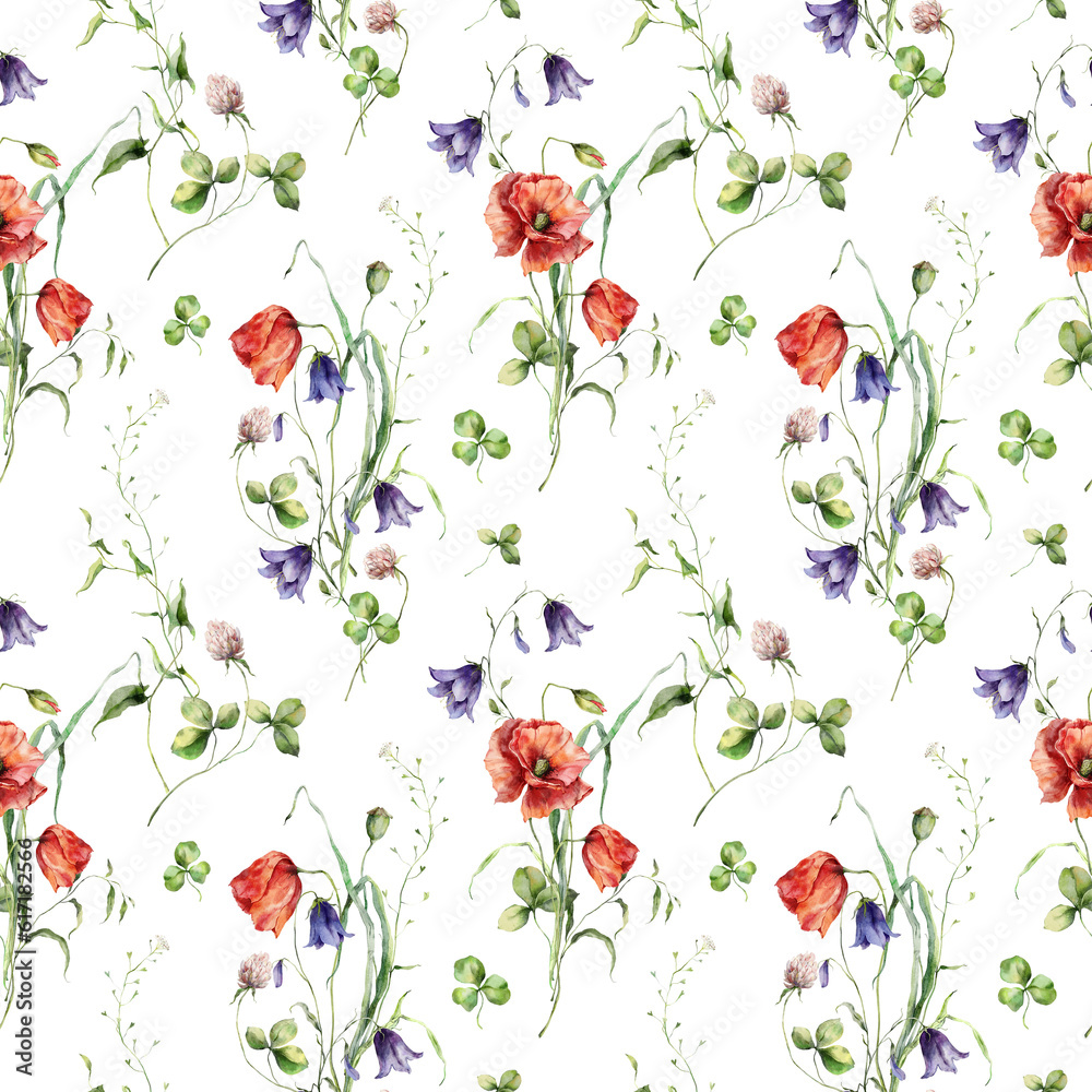 Watercolor meadow flowers seamless pattern of poppy, campanula and clover. Hand painted floral compositions of wildflowers isolated on white background. Illustration for design, print or background. Watercolor meadow flowers seamless pattern of poppy, campanula and clover. Hand painted floral compositions of wildflowers isolated on white background. Illustration for design, print or background.