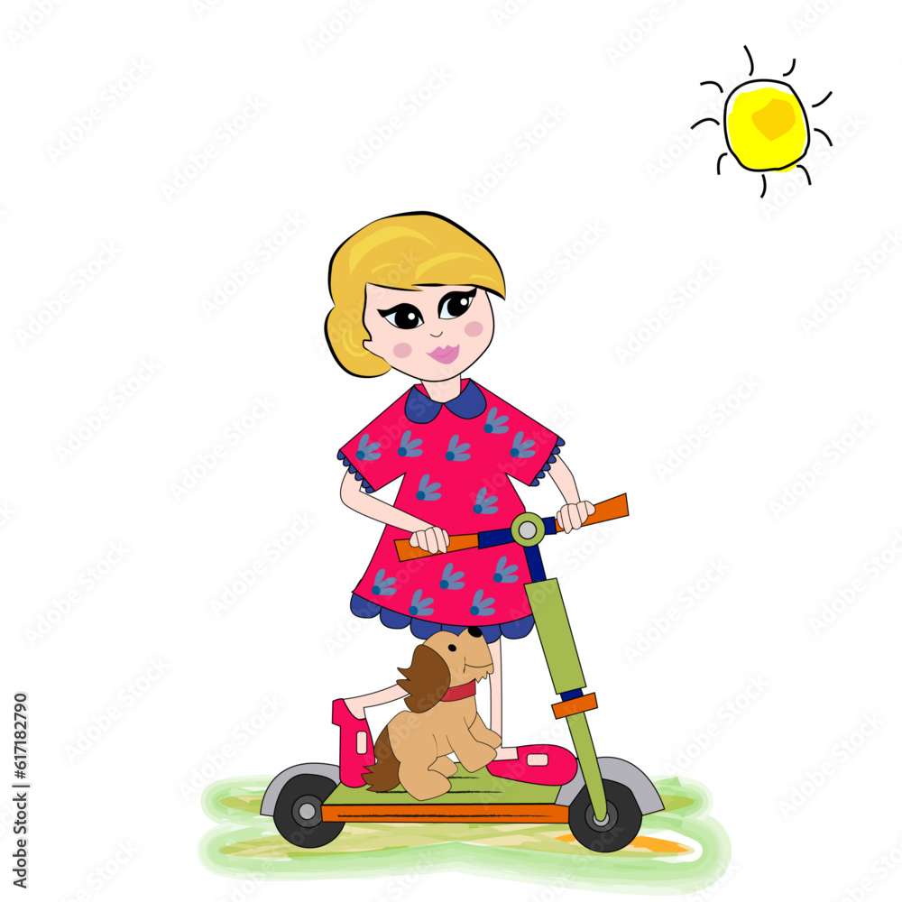 Niña feliz con su perro conduciendo un patinete.