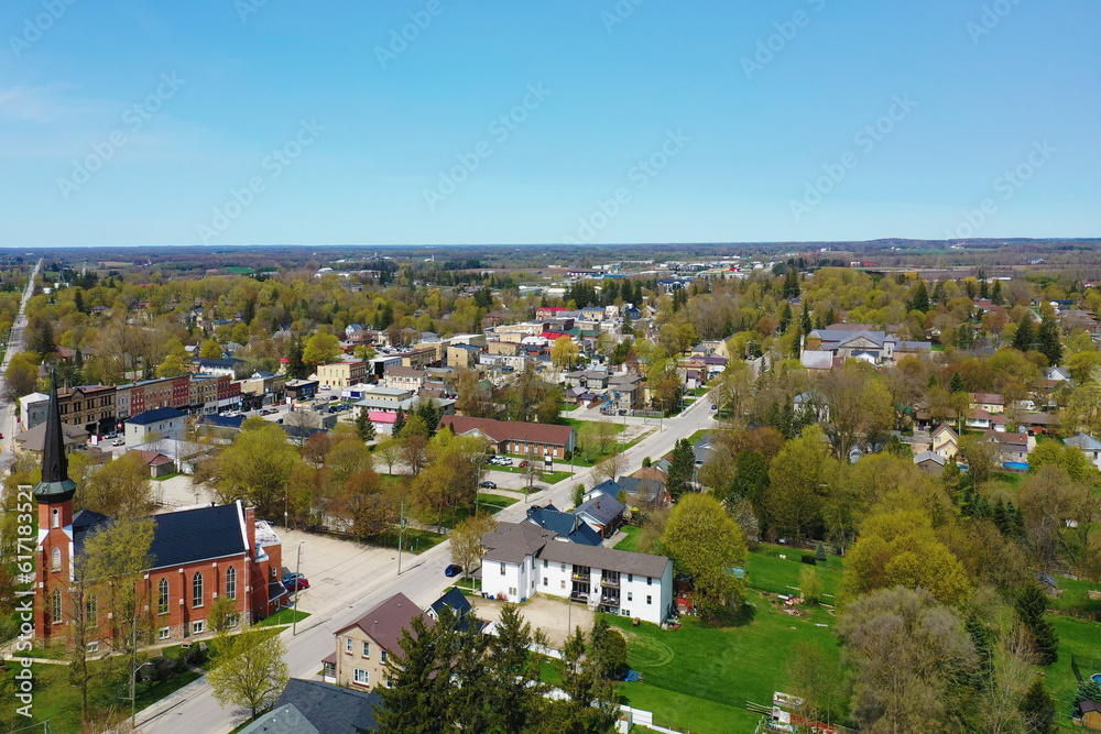 Aerial of Mount Forest, Ontario, Canada in spring