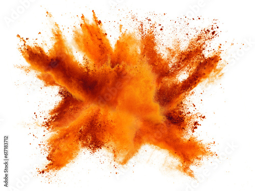 bright orange holi paint color powder festival explosion burst isolated white background. industrial print concept background