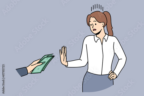 Woman refuses to take bribe making stop gesture and not wanting to participate in corruption business deals. Girl civil servant or official refuses bribe and lobbying interests of corporations