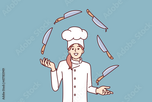 Woman chef juggles knives demonstrating professional skill and promising cooking delicious dinner. Girl in white uniform and chef hat from restaurant invites you to visit cooking show