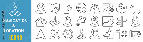 Set of 24 line icons navigation and location. Office Location. Editable vector stroke.