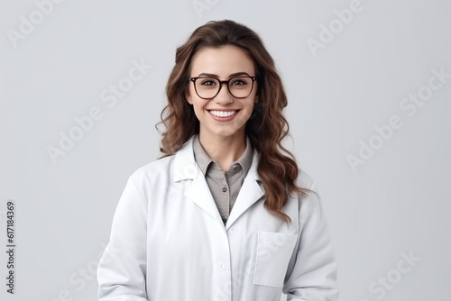 Portrait of beautiful young female doctor in white coat and glasses smiling at camera. photo