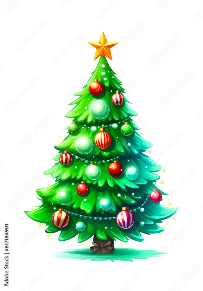 Christmas tree with decorations on white background. Generative AI.