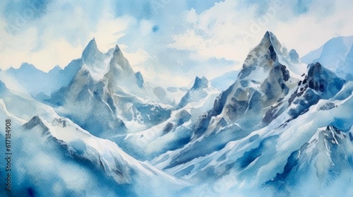 Winter landscape with snow-capped mountains in watercolor style. Generative AI. © Hanna