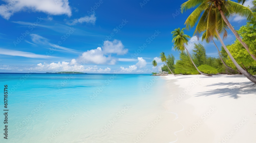 Fototapeta premium photo of a white sandy beach with blue ocean and palm trees - beautiful wallpaper