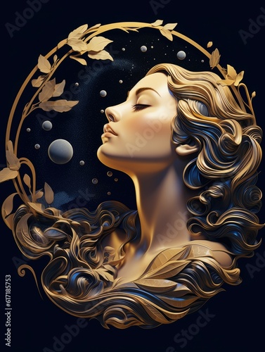 Dreaming woman illustration shiny carving style illustration - beautiful wallpaper