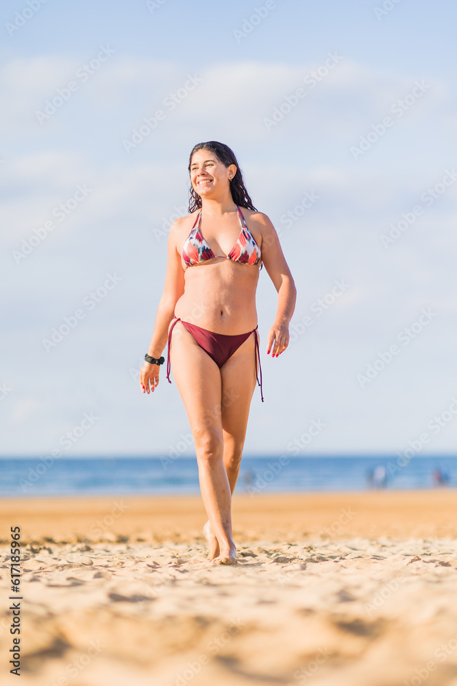 Summer Beach vacation. Latin middle aged female on swimwear confident body inclusivity wellbeing. Summer Beach vacation. Latin middle aged female on swimwear confident body inclusivity wellbeing.