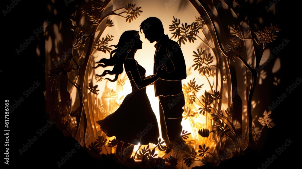 Couple in Love shiny paper cut backlit illustration - beautiful wallpaper