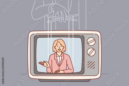 TV Fake news due to puppeteer manipulating woman announcer to spread disinformation or propaganda