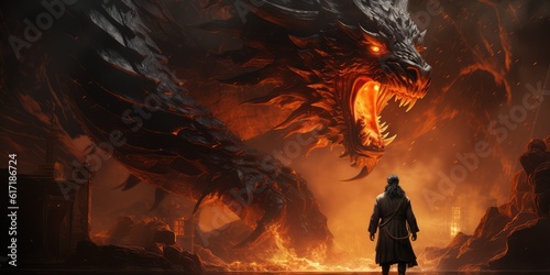 Warrior and a dragon fantasy scene 