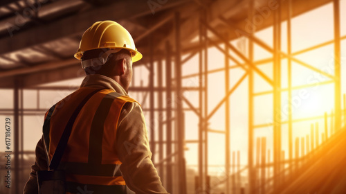 builder or foreman in hardhat and life jacket at construction site with crane and sun flare. Generative AI