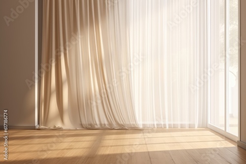 Beautiful sunlight, blowing white sheer linen, blackout curtain from open window, generated by AI
