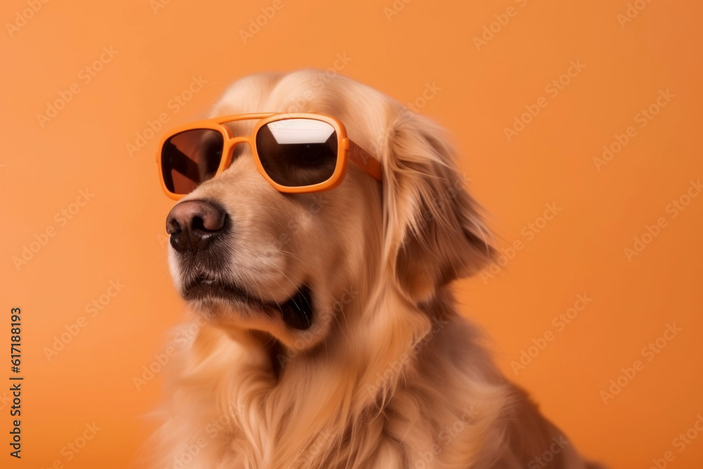 Siberian Golden Retriever dog portrait wearing orange glasses