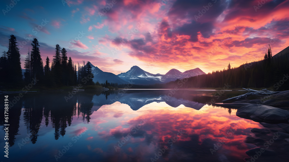 beautiful sunrise over a calm lake surrounded by mountains