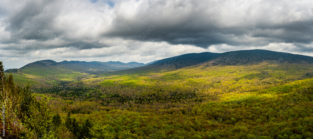 Panoramic view of the Appalachian mountains and the Mont-Mégantic Observatory in Canada.