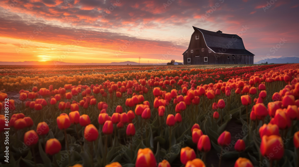 Field of tulips at dawn, plantation of beautiful red tulips. Generative AI