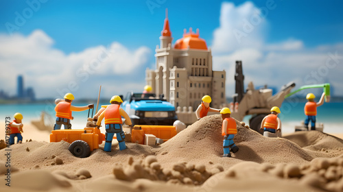 miniaturized construction workers building a sandcastle on a sunny beach