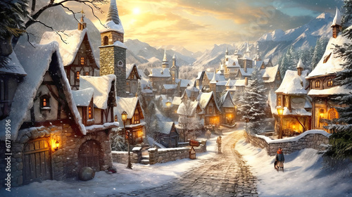 Decorated fairytale town during New Year holidays, snow, vintage postcard