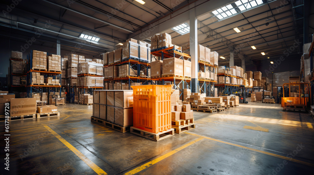 Large Warehouse with Pallet Racks, Goods, Forklift, and Cargo Distribution, Industrial Storage Facility