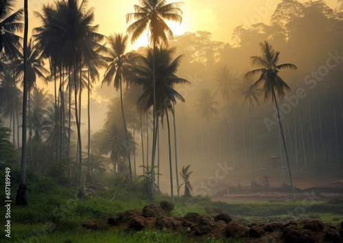 Dawn fog on the island with palm trees  palm jungle in the morning mist.Generative AI 
