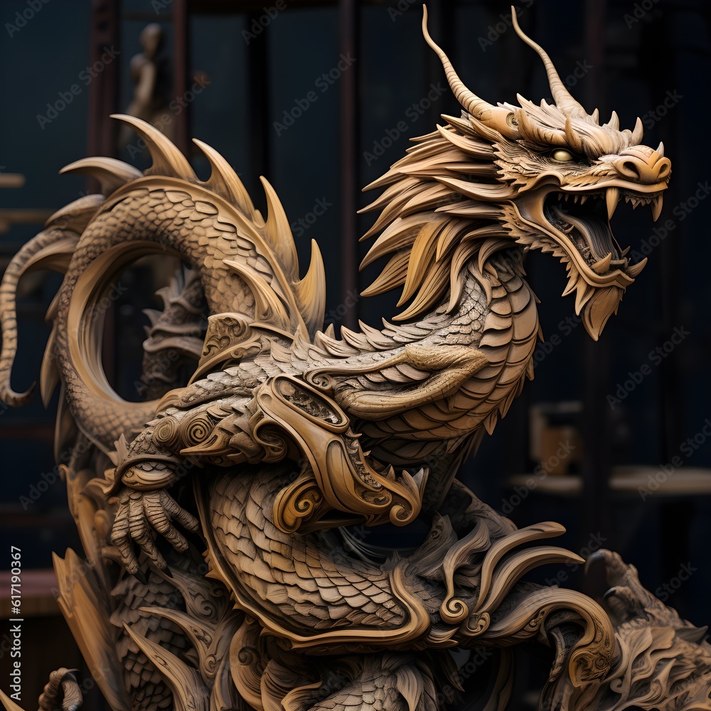 Traditional-style Japanese Dragon Carved from wood, the photo depicts