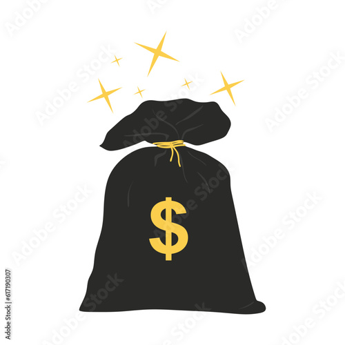 Money bag isolated. Flat illustration of closed big black bag with lot of money. Business and Finance concept. Money bag with dollar sign. Vector illustration
